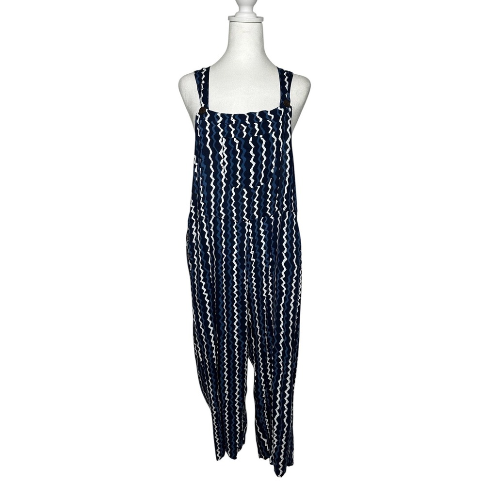 Sacred Threads Blue White Zigzag Chevron Rayon Jumpsuit Wide Leg Boho Large XL